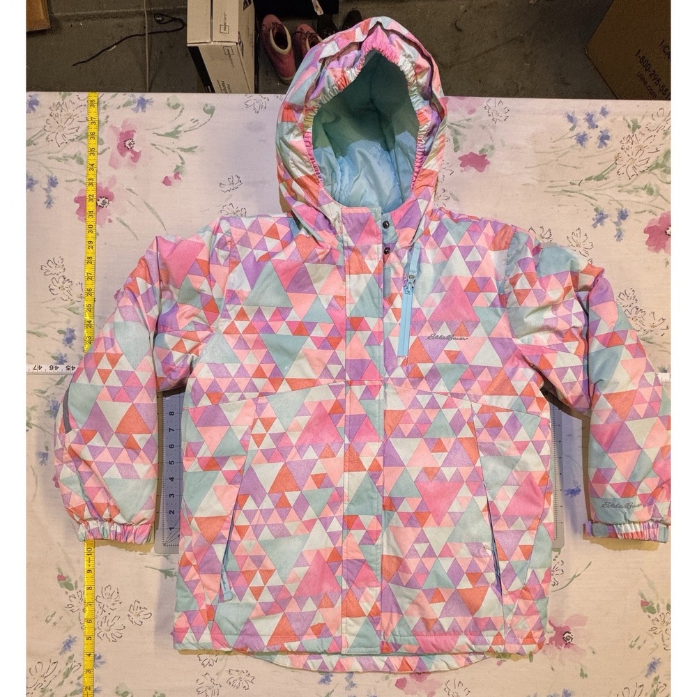 Eddie Bauer Kids L 14 Winter Ski Jacket Hooded Geometric Puffer Dusty Pink